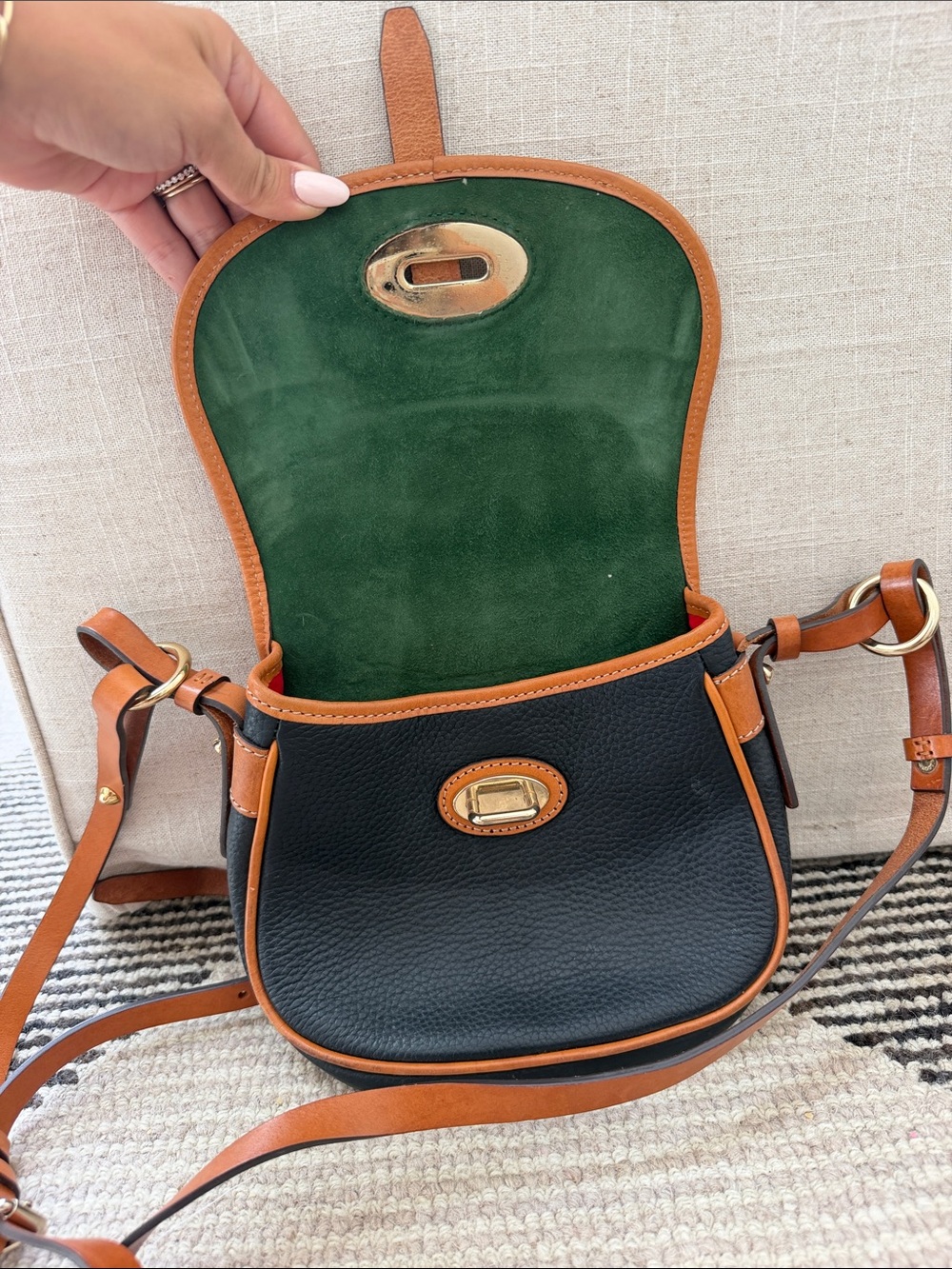 Vintage Dooney & Bourke Black and Brown Leather Crossbody Saddle Bag - Picture 2 of 6